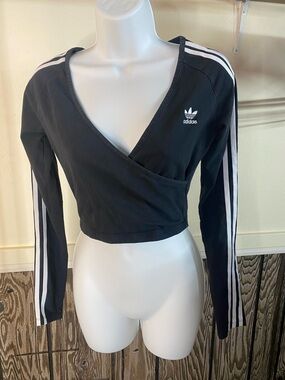 adidas Black Cropped Wrap-Style Top with White Stripes